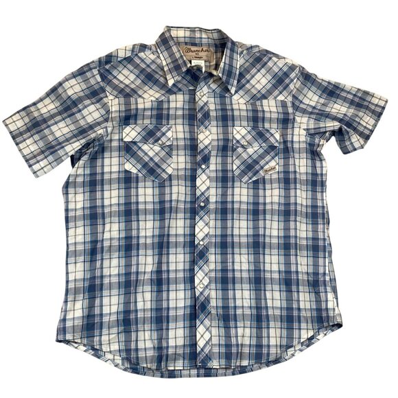 Wrangler Mens Shirt XL Plaid Short Sleeve Western Blue/White Pearl Snap - Picture 1 of 12